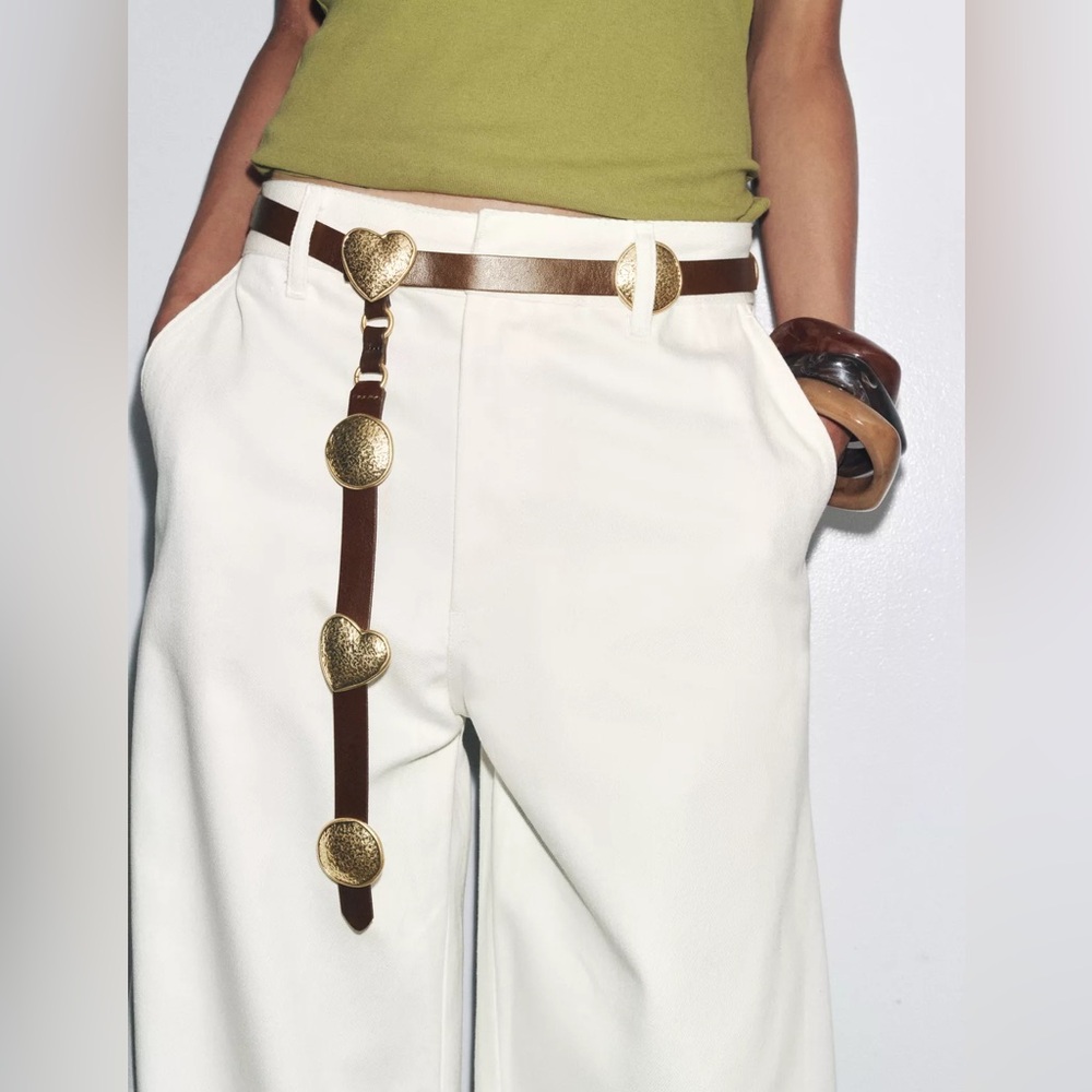 NWT Zara Woman Accessories LEATHER BELT WITH METAL PIECES Hearts Size 30
